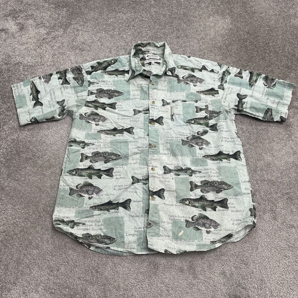 Columbia Vintage Printed Button Down Shirt Mens Large Multi Short Sleeve Fishing